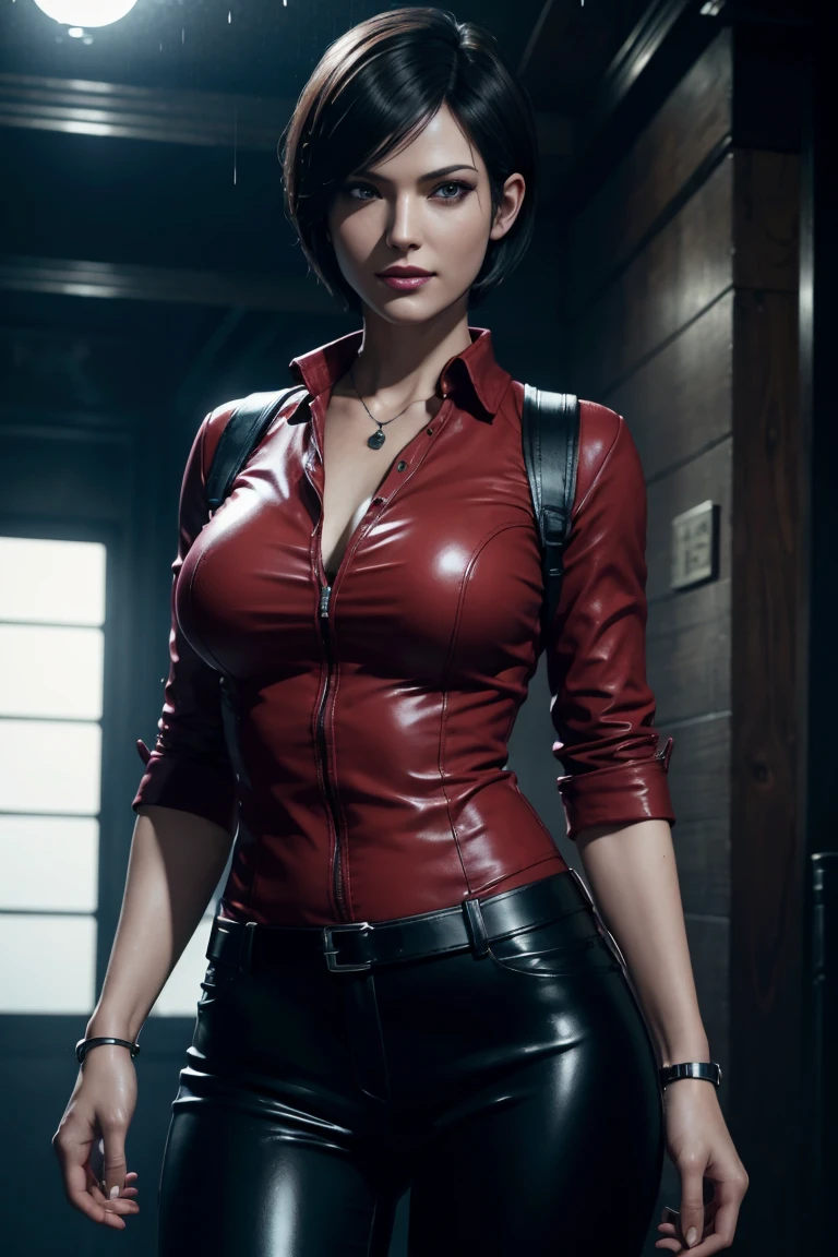 Resident Evil 6,Ada,Short Hair,Red Shirt,Stand up your collar,Black Leather Pants,Photorealistic,Ultra HD,high quality,masterpiece,Digital SLR,Detailed details,Intricate details,Anatomical basis,Depicted in detail,A detailed face,Realistic skin texture,Vivid details,Perfect Anatomy,Perfect Anatomy,Anatomically correct hand,Anatomically correct fingers,Super Detail,Complex 3D rendering,Sexy pose,Beautiful morning glory(flower),Rainy Sky,Beautiful scenery,Fantastic rainy sky,Picturesque,Pink Lips,smile,Fantastic butterflies々,