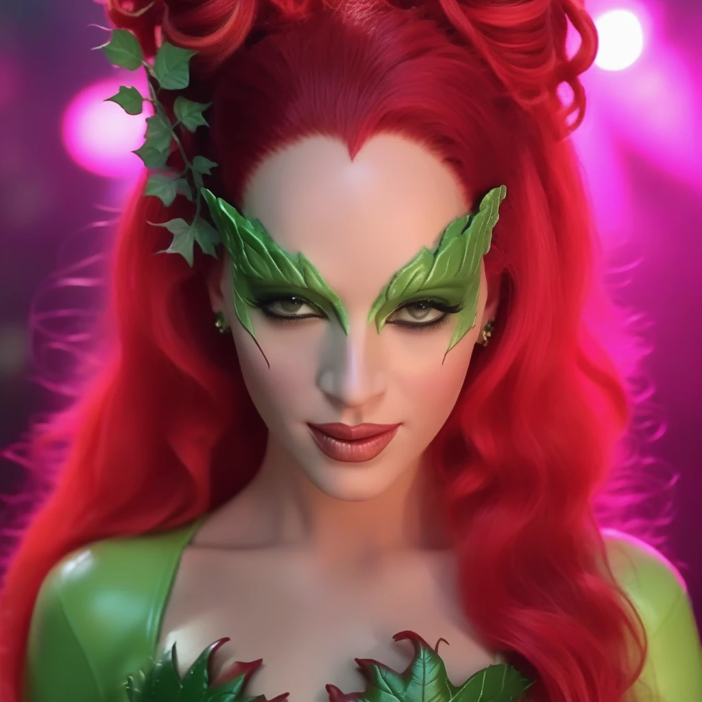 Ultra realistic extremely beautifully detailed 8k picture of 1 gorgeously cute and cool woman uma poison ivy, extremely detailed eyes mouth and facial features, gorgeous breathtaking composition and epic cinematic lighting, seductive, dominating, evil, sexy, evil smile, mesmerizing, pheromones, pink gas, red leather bodysuit, big breasts, seducing viewer, evil, evil face, beautiful lips, detailed lips, focus on lips