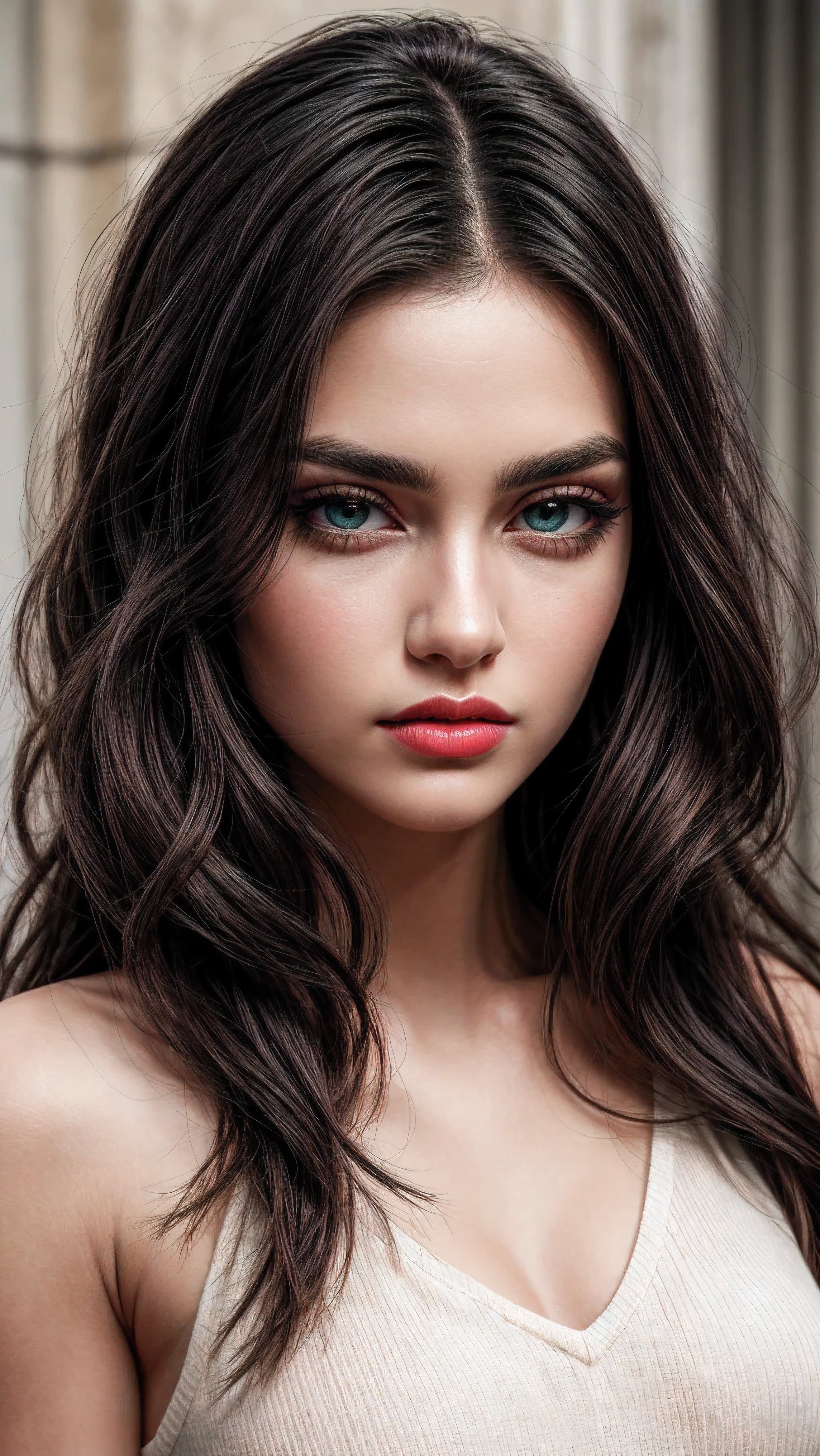 (masterpiece, high quality, best quality:1.3), extremely detailed, realistic, (hyperrealistic:1.2), fine texture, Extremely high-resolution details, (beautiful:1.2), (white skin), young 25 years old, green eyes, (monolid eyes, arched eyebrows, eyelash, eye contour, eyeshadow:1.2), (thin lips, pink lipstick), (makeup), 157cm tall, (wavy hair), (long hair, black hair:1.4), (everything Detailed), upper body, (perfect face, perfect eyes, perfect lips, perfect hair), (Closed mouth:1.5), (detailed lips, detailed eyes, detailed hair, detailed face), natural lighting,