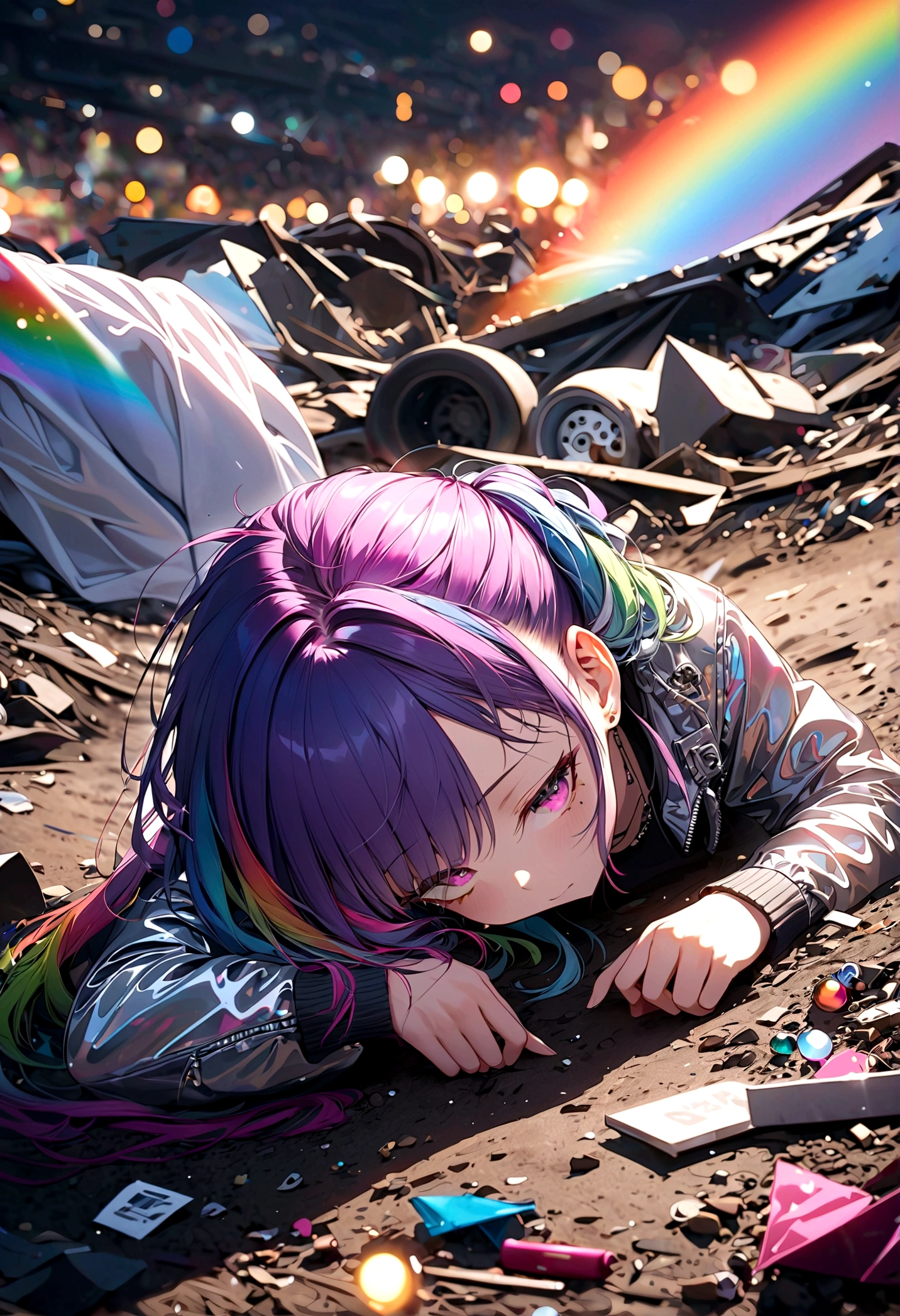 A broken girl in a landfill, Back, Body breakage,Scars and holes, Crawling on the ground, 8K, (Dynamic perspective), Clear focus, (Depth of Field, Bokeh:1.3), Ultra-punk scene, movie lighting, Reflective Transparent Iridescent Opaque Jacket, Transparent long rainbow RGB hair, ((masterpiece, best quality)), from above, Upper Body,