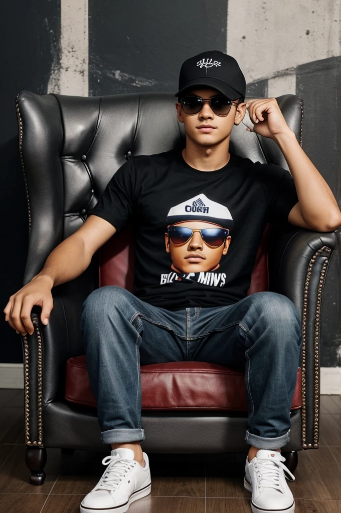 Create a 3D illusion for a Facebook profile picture where a 18 year's old boy in a black shirt sits casually on a Wingback Chair. Wearing sneakers, a Red cricket cap, and sunglasses, he looks ahead. The background features "Maya" in big and capital white fonts on the black wall. There should not be his shadow, and there are wings to make it appear as if he is an angel