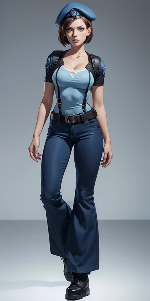Jill Valentine, masterpiece, best quality, 1girl, solo, standing, jillre1, beret, uniform, shoulder pads, short sleeves, harness, belt, bell-bottom blue pants(Wide flares on pants:1.2), cleavage, black combat boots, full body, perfect blue eyes, perfect red mouth,