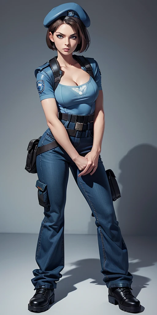 Jill Valentine, masterpiece, best quality, 1girl, solo, standing, jillre1, beret, uniform, shoulder pads, short sleeves, harness, belt, bell-bottom blue pants(Wide flares on pants:1.2), cleavage, black combat boots, full body, perfect blue eyes, perfect red mouth,
