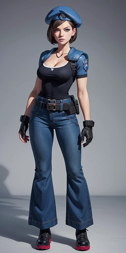 Jill Valentine, masterpiece, best quality, 1girl, solo, standing, jillre1, beret, uniform, shoulder pads, short sleeves, harness, belt, bell-bottom blue pants(Wide flares on pants:1.2), cleavage, black combat boots, full body, perfect blue eyes, perfect red mouth,
