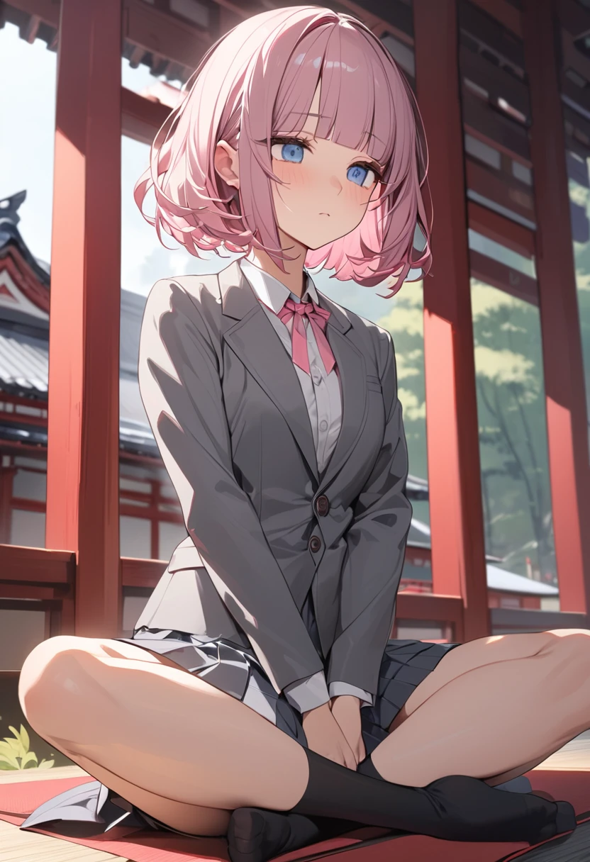 masterpiece, best quality, ultra-detailed, 1girl, pink hair, short hair, ((blunt bangs)), flipped hair, (jitome), {gray blazer, white business shirt, pink ribbon, dark gray pleated skirt, black high socks, black kneehighs, Knee-length skirt}, blue eyes, Medium chest、slim、smile , indian style, sitting, Japanese Temples