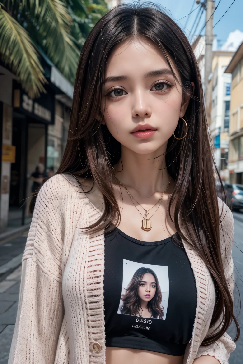 Boneca Beats morena cabelo cacheado, thick lip, usando blusa de pelos rosa segurando iPhone, neck necklace with kailaine name, colar com cor ouro,  fundo de uma festa desfocado 