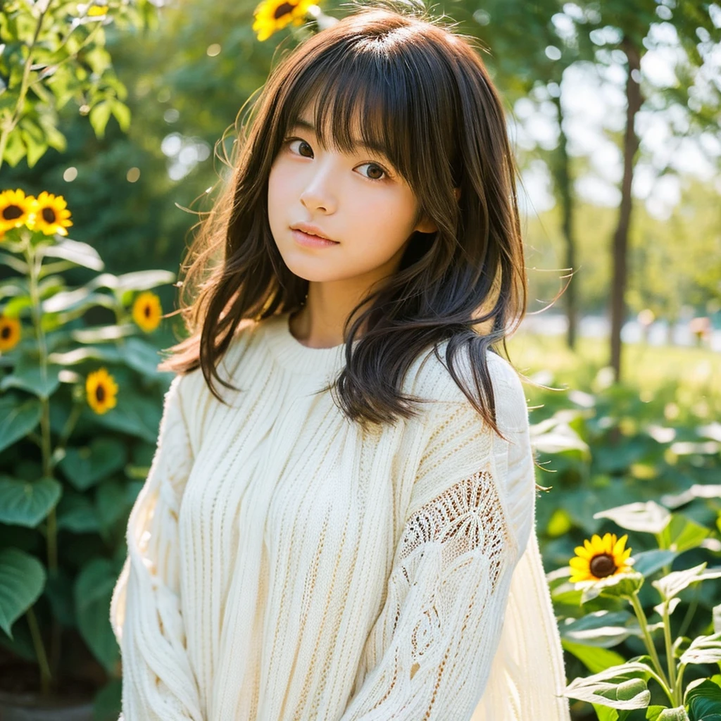 Create an image of a Japanese girl, around 16 years old, with long, dark brown hair styled naturally. She should be holding a bouquet of vibrant sunflowers. The girl is wearing a white lace dress under a denim jumper that looks stylish and modern. Her expression should be sweet and gentle, capturing a serene and bright mood. The background should resemble a sunny outdoor setting, like a garden or park, with natural light illuminating the scene. The style should be realistic with a slight touch of anime aesthetics to give it a unique charm."