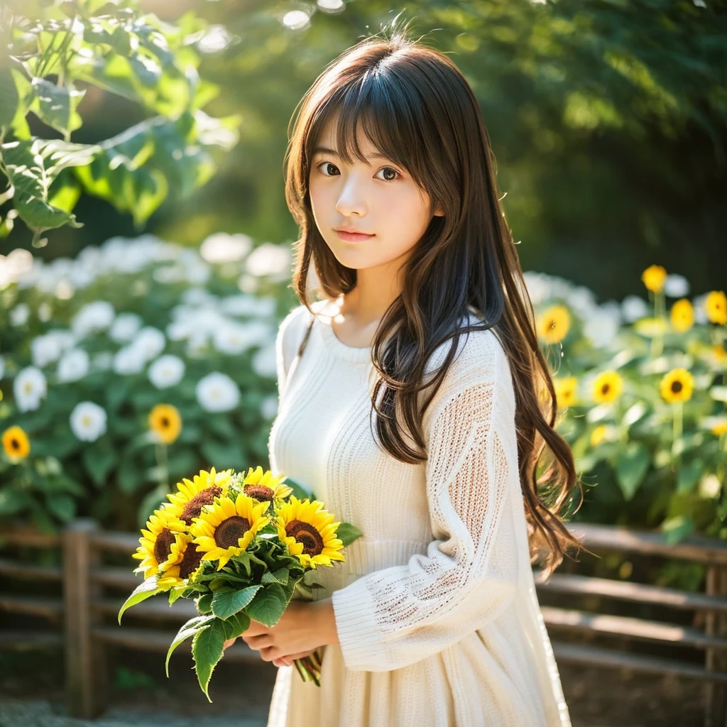 Create an image of a Japanese girl, around , with long, dark brown hair styled naturally. She should be holding a bouquet of vibrant sunflowers. The girl is wearing a white lace dress under a denim jumper that looks stylish and modern. Her expression should be sweet and gentle, capturing a serene and bright mood. The background should resemble a sunny outdoor setting, like a garden or park, with natural light illuminating the scene. The style should be realistic with a slight touch of anime aesthetics to give it a unique charm."