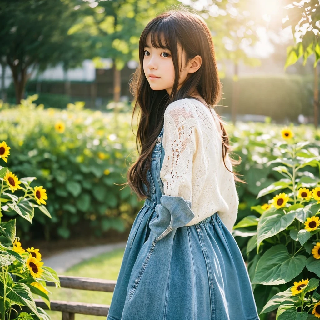Create an image of a Japanese girl, around 16 years old, with long, dark brown hair styled naturally. She should be holding a bouquet of vibrant sunflowers. The girl is wearing a white lace dress under a denim jumper that looks stylish and modern. Her expression should be sweet and gentle, capturing a serene and bright mood. The background should resemble a sunny outdoor setting, like a garden or park, with natural light illuminating the scene. The style should be realistic with a slight touch of anime aesthetics to give it a unique charm."