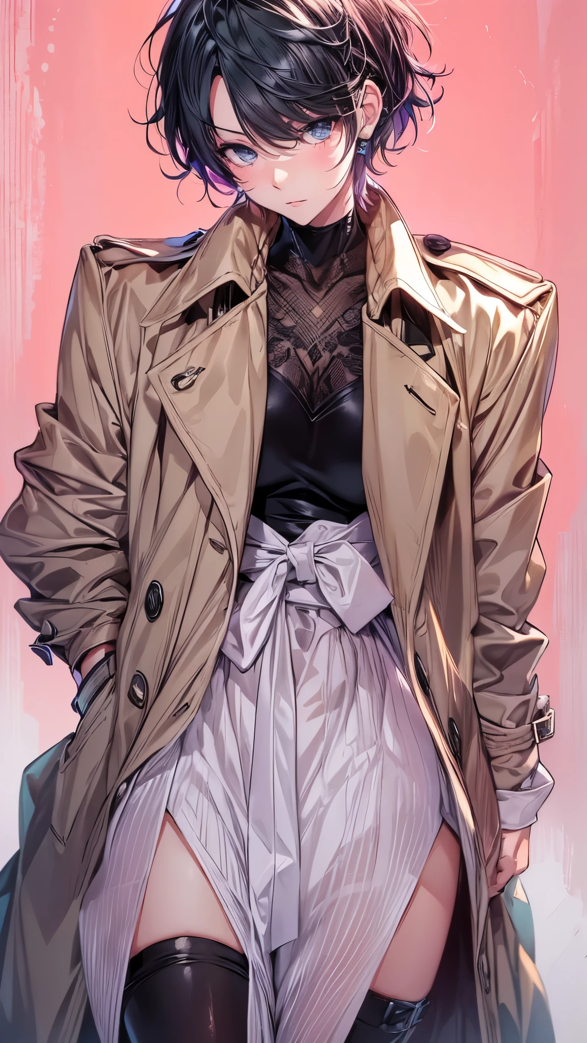 highest quality,Super detailed,((whole body)),((One boy)),((short hair)),((Male Body)),((cross-dress)),blush,I was upset,((No breasts)),((trench coat)),((Knee-high boots(black))),Vibrant colors,Soft lighting,background:street