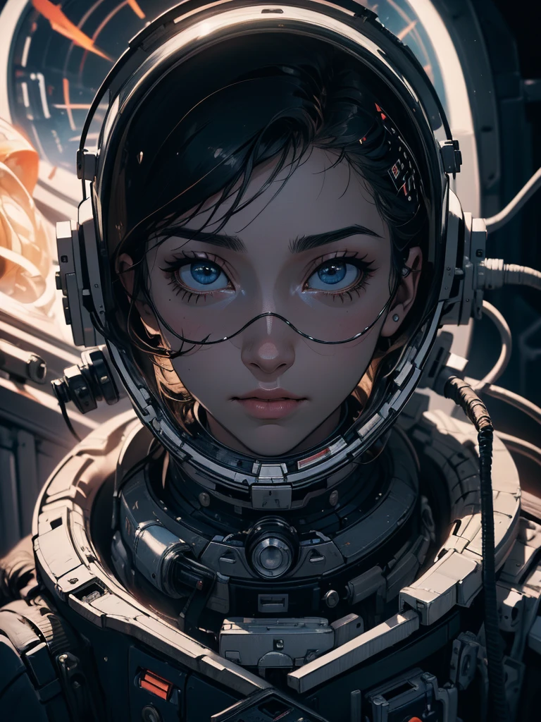 female astronaut j0rd7nj0n3s in space, rosto bonito, foto realista, (retrato), [smoke], [confusion], natural lighting, Profundidade superficial de campo, fotografado em uma Canon EOS-1D X Mark III, Lente de 50 mm, f/2.8, (intrinsecamente detalhado, hiperdetalhado), ((Cor CRU)), sharp focus, HDR, 4k resolution, Cinematic film
