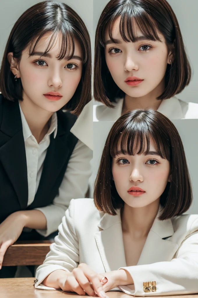 ((Best quality, 8K, masterpiece:1.3)), focus:1.2, ((high quality)), ((table top)), (detailed face), (highlight), female、blunt bangs、black hair、skirt、blazer