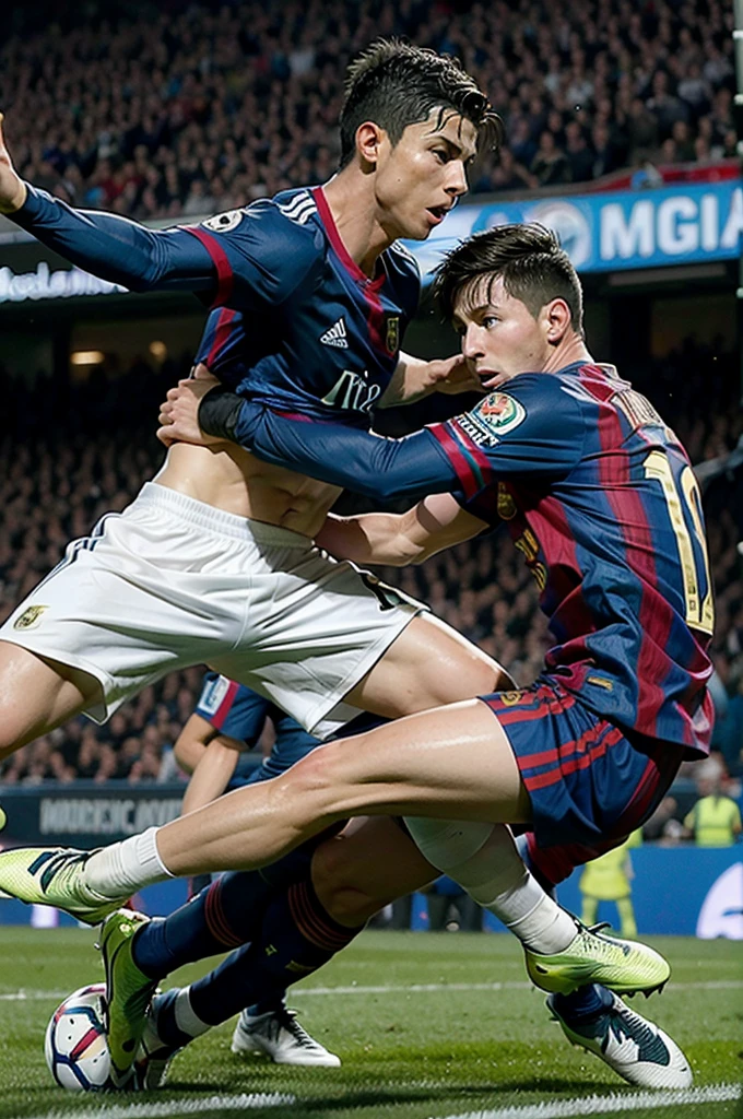 Cristiano Ronaldo, golpeando a Messi, Ronaldo enojado, Messi tratando de esquivar El golpe