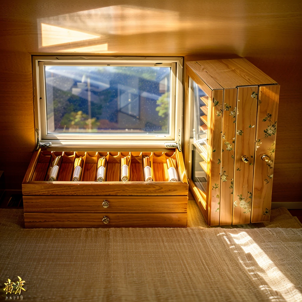 In this cozy room,A ray of sunlight shone through the half-drawn curtains on the table,Let the wood grain on the watch storage box shine with a faint luster。There was a calm and peaceful atmosphere in the air around them。There are several still lifes hanging on the walls of the room,It adds a touch of elegance to the space。And on the other side of the room,The half-open window lets in the breeze,The pages on the small desk by the window turned in the wind,This quiet scene gives a sense of tranquility and comfort。