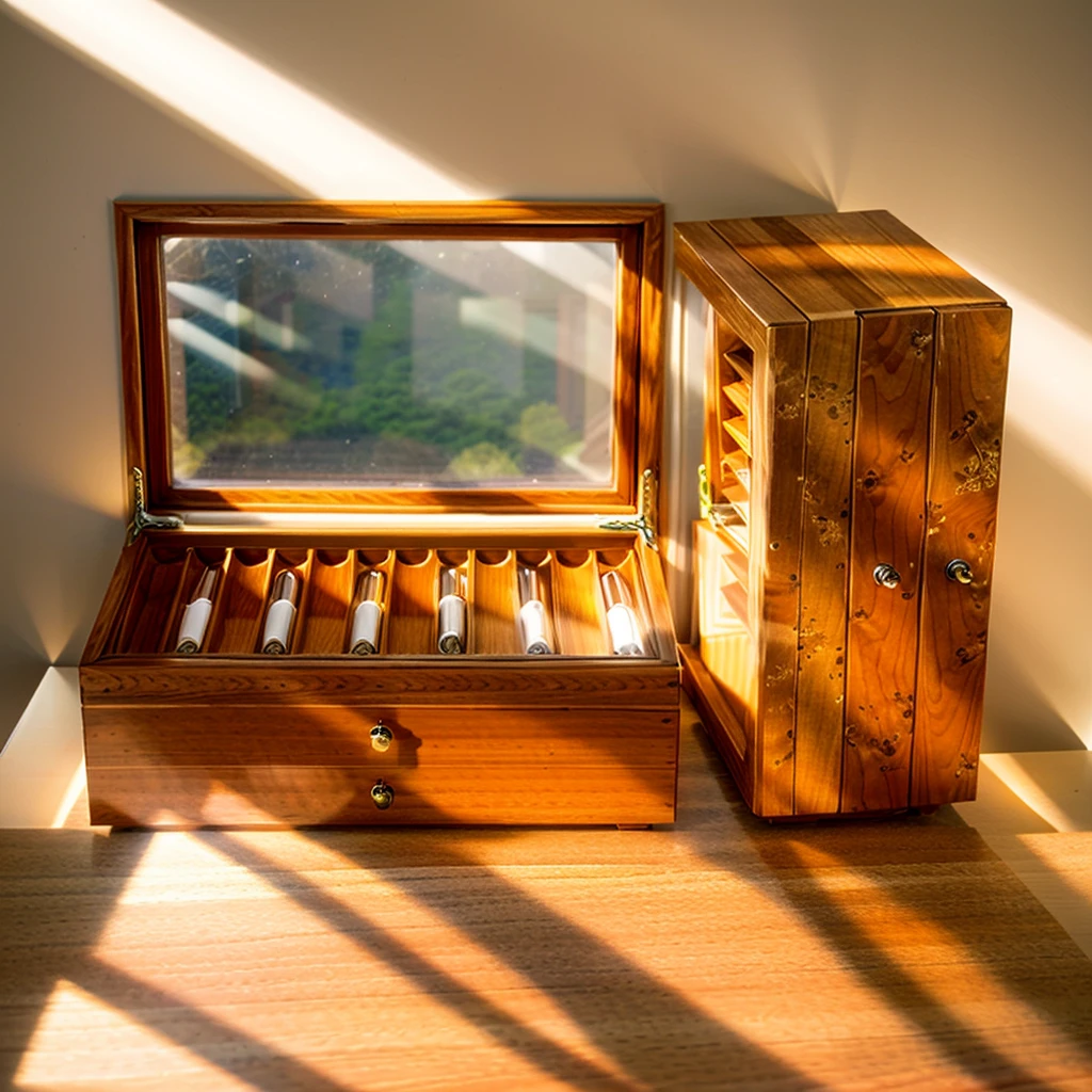In this cozy room,A ray of sunlight shone through the half-drawn curtains on the table,Let the wood grain on the watch storage box shine with a faint luster。There was a calm and peaceful atmosphere in the air around them。There are several still lifes hanging on the walls of the room,It adds a touch of elegance to the space。And on the other side of the room,The half-open window lets in the breeze,The pages on the small desk by the window turned in the wind,This quiet scene gives a sense of tranquility and comfort。