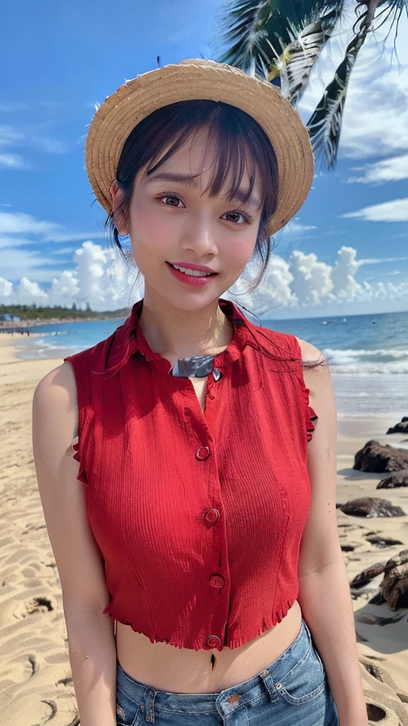 One girl, masterpiece, high quality, High resolution, monkey_d_Luffy, Straw hat, gender swap, (Red Shirt:1.5), (Open shirt:1.5),(Sleeveless shirt:1.5),  Outdoor, Big Breasts, Cleavage, whole body,  null, cloud, Complex background, Warm Light, Shorts Jeans, (Top crop:1.2), Covered nipples,  short hair, (Ocean:1.3), Beach,(dark skin:1.55)、(Droopy eyes, Natural Makeup、Ultra-high definition beauty face:1.35)、(Ultra high resolution perfect beautiful teeth, Mid-chest, Tight waist,laugh smile:1.15)、Use natural light and color,lity glossy lip