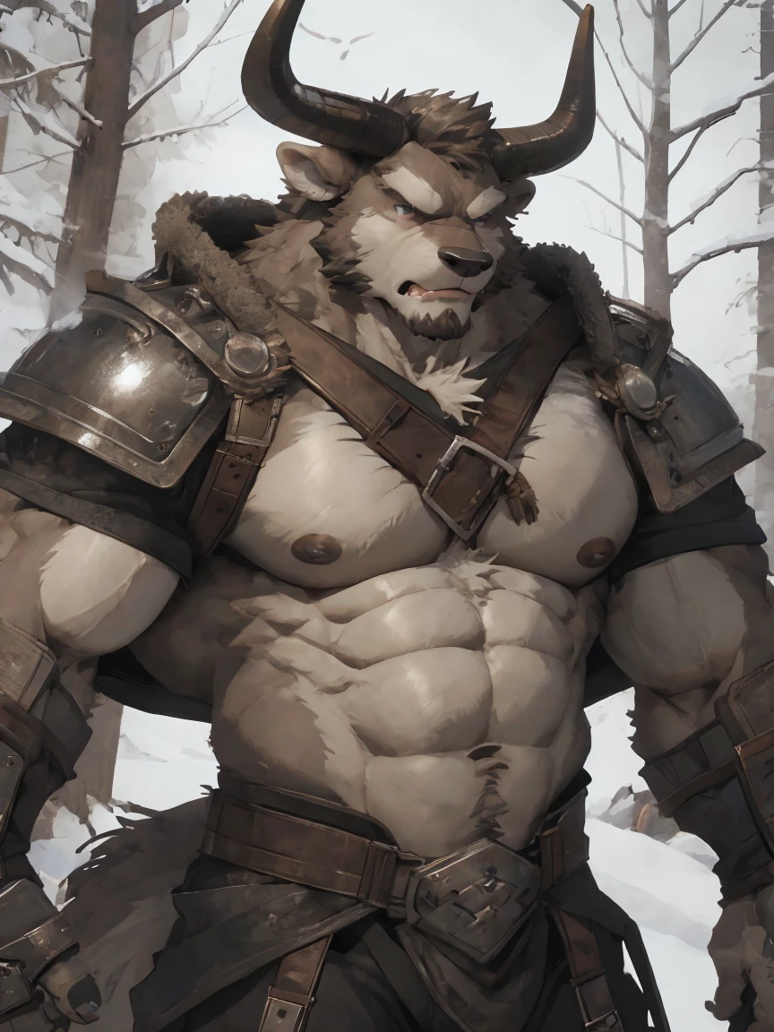 Minotaur, solo, muscular, perfect_eyes, perfect_face, abs, big_chest,wide_body, muscular_arms, winter, snow_forest_background, solo, minotaur, angry, half_body, close_up, manly, man, muscular, brown_horns, big_eyes, bara_body,hyper_muscles, hyper_chest, hyper_muscular_body, huge,forest,snowy_forest, armor_pants, half_body,closeup, medieval_armor ,iron armor,armor,canines, moth_closed, angry,serious, HD, 4k, high_detailed_background, wide, wide_body, strong_body, muscular_body, visible_abs, leather_harnes, metal_armor, abs,big_pecs
