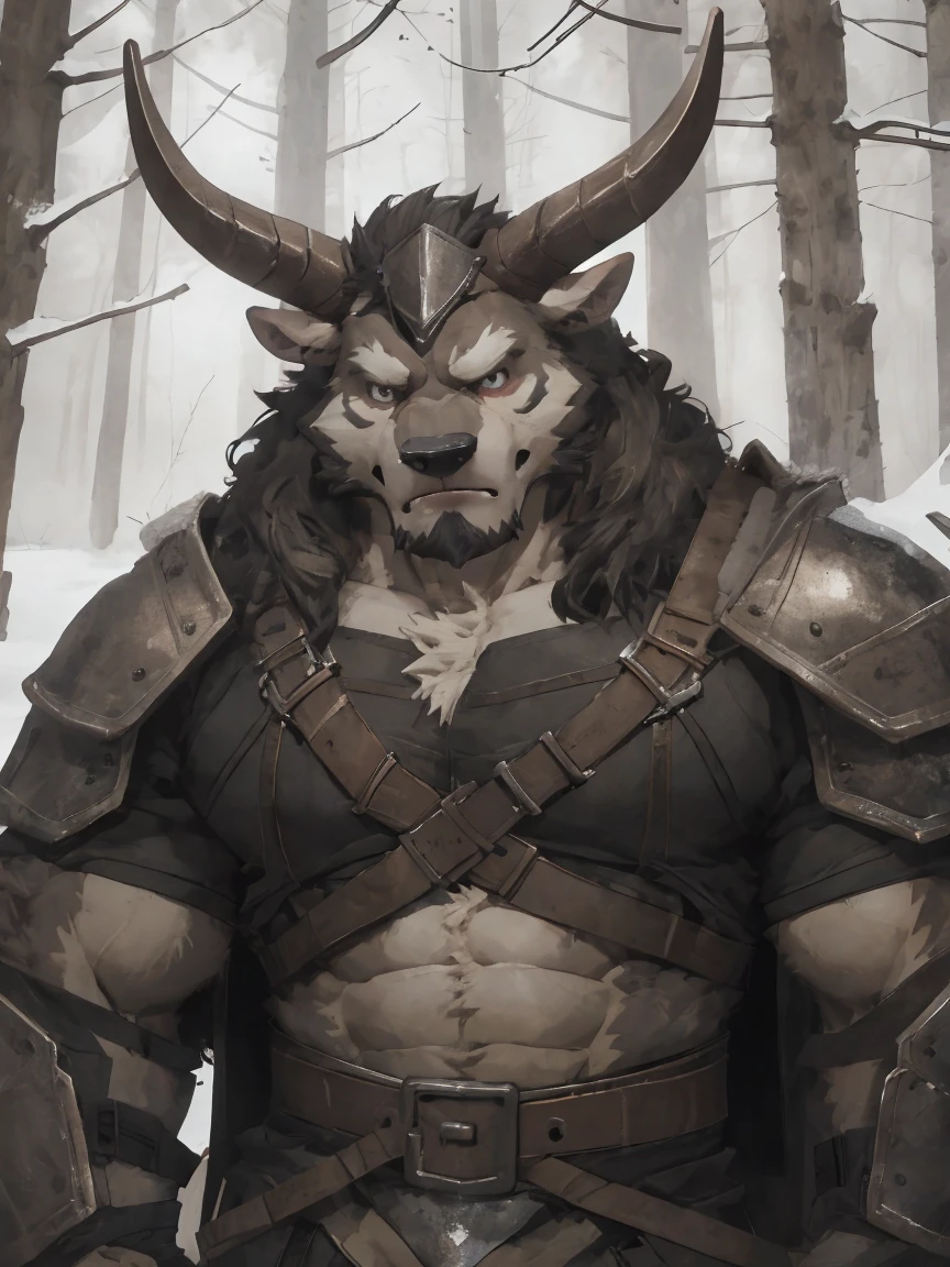 Minotaur, solo, muscular, perfect_eyes, perfect_face, abs, big_chest,wide_body, muscular_arms, winter, snow_forest_background, solo, minotaur, angry, half_body, close_up, manly, man, muscular, brown_horns, big_eyes, bara_body,hyper_muscles, hyper_chest, hyper_muscular_body, huge,forest,snowy_forest, armor_pants, half_body,closeup, medieval_armor ,iron armor,armor,canines, moth_closed, angry,serious, HD, 4k, high_detailed_background, wide, wide_body, strong_body, muscular_body, visible_abs, leather_harnes, metal_armor, abs,big_pecs
