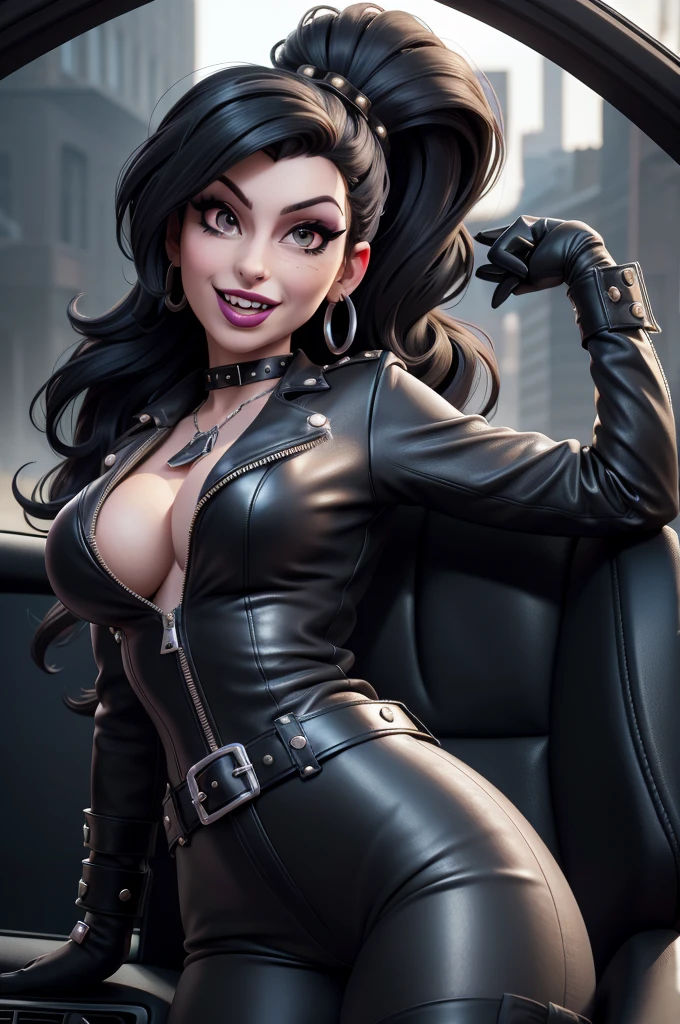 obra prima, melhor qualidade, (amy winehouse vamp 70yo face wrinkles) head back, sassy wicked girl, big toothy smile, open mouth, (shiny fat black lipstick,) thick smoky black eye shadow, long fake eyelashes, ((raven black beehive hair,)) leather biker jacket, leather pants with studs zippers snaps, nipples, metallic leather outfit, shiny leather gloves, body is skinny, reclining in car seat, arched back, hips twisted, overhead camera view, looking down at me, shallow depth of field, highres, HD, 8k, anatomically correct