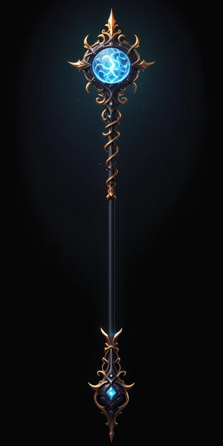 pixel art, cartoon illustration, Divine glavie greatstaff, Powerfull Magical theme, simple black background, RPG game icon 