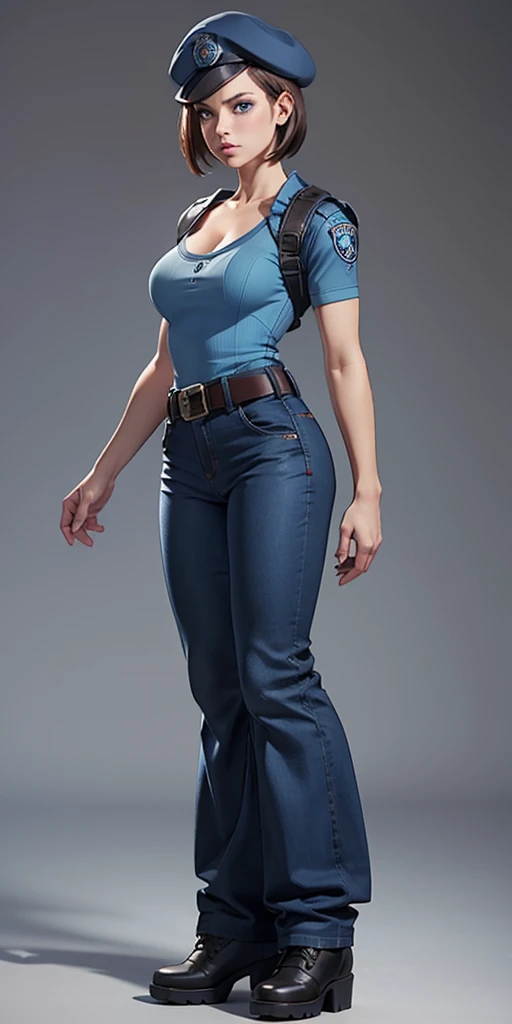 Jill Valentine, masterpiece, best quality, 1girl, solo, standing, jillre1, beret, uniform, shoulder pads, short sleeves, harness, belt, bell-bottom blue pants(Wide flares on pants:1.2), cleavage, black combat boots, full body, perfect blue eyes, perfect red mouth,