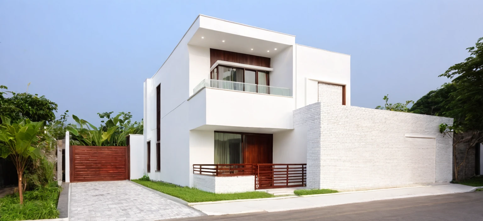 front elevation, front exterior design, single 1 storie minimalist house on the Vietnam village, brick white wall color, wooden_material, modern_villa, RAW texture, 8K UHD, DSLR, soft lighting, high quality, film rating, Fujifilm XT3,