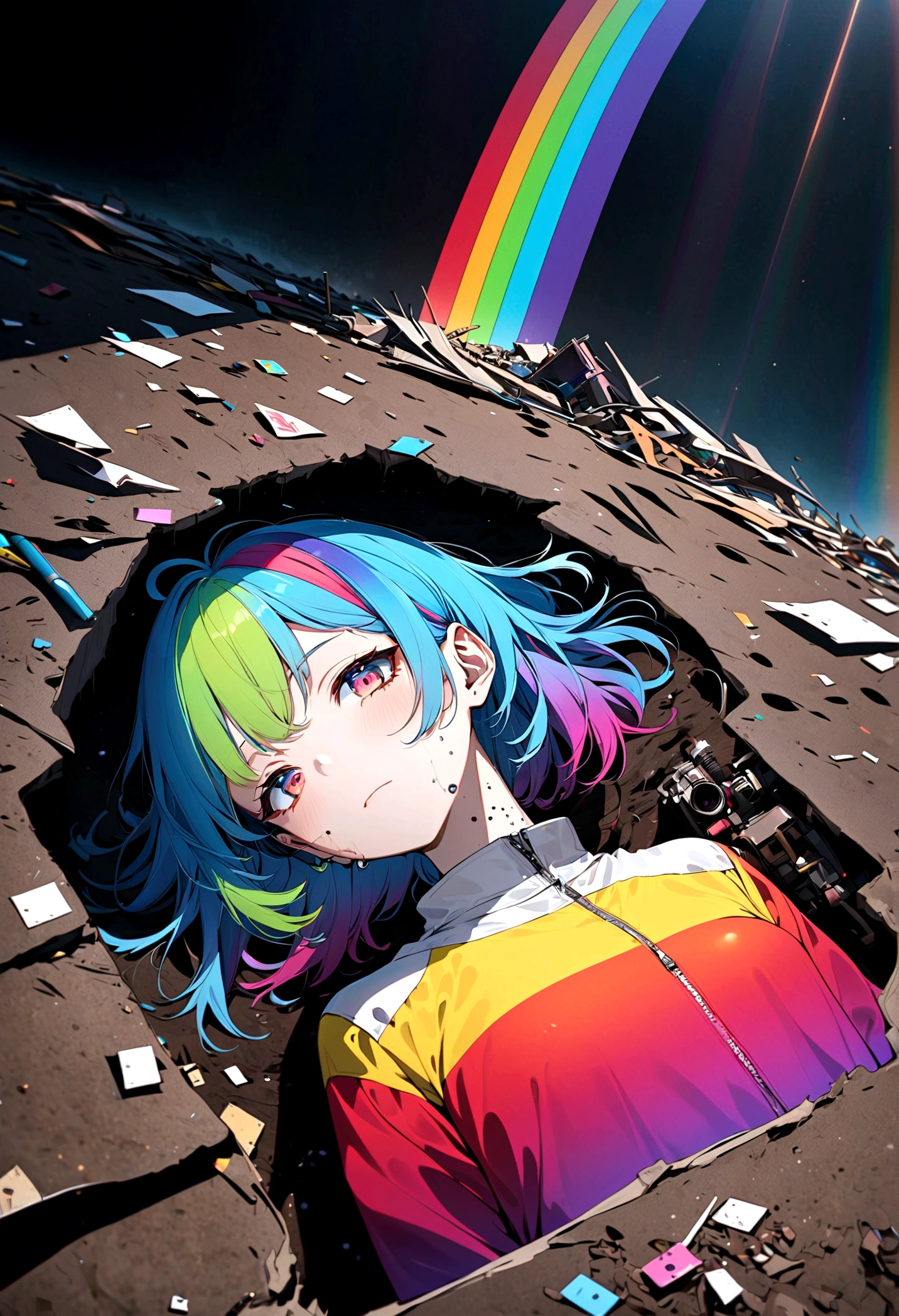 A dilapidated girl robot in a landfill, with a silhouette, damaged body, scars and holes, lying on the ground, 8K, (dynamic perspective), clear focus, (depth of field, shot: 1.3), super punk scene, movie lighting, reflective transparent rainbow opaque jacket, transparent long rainbow RGB hair, (masterpiece, best quality), from above, upper body,