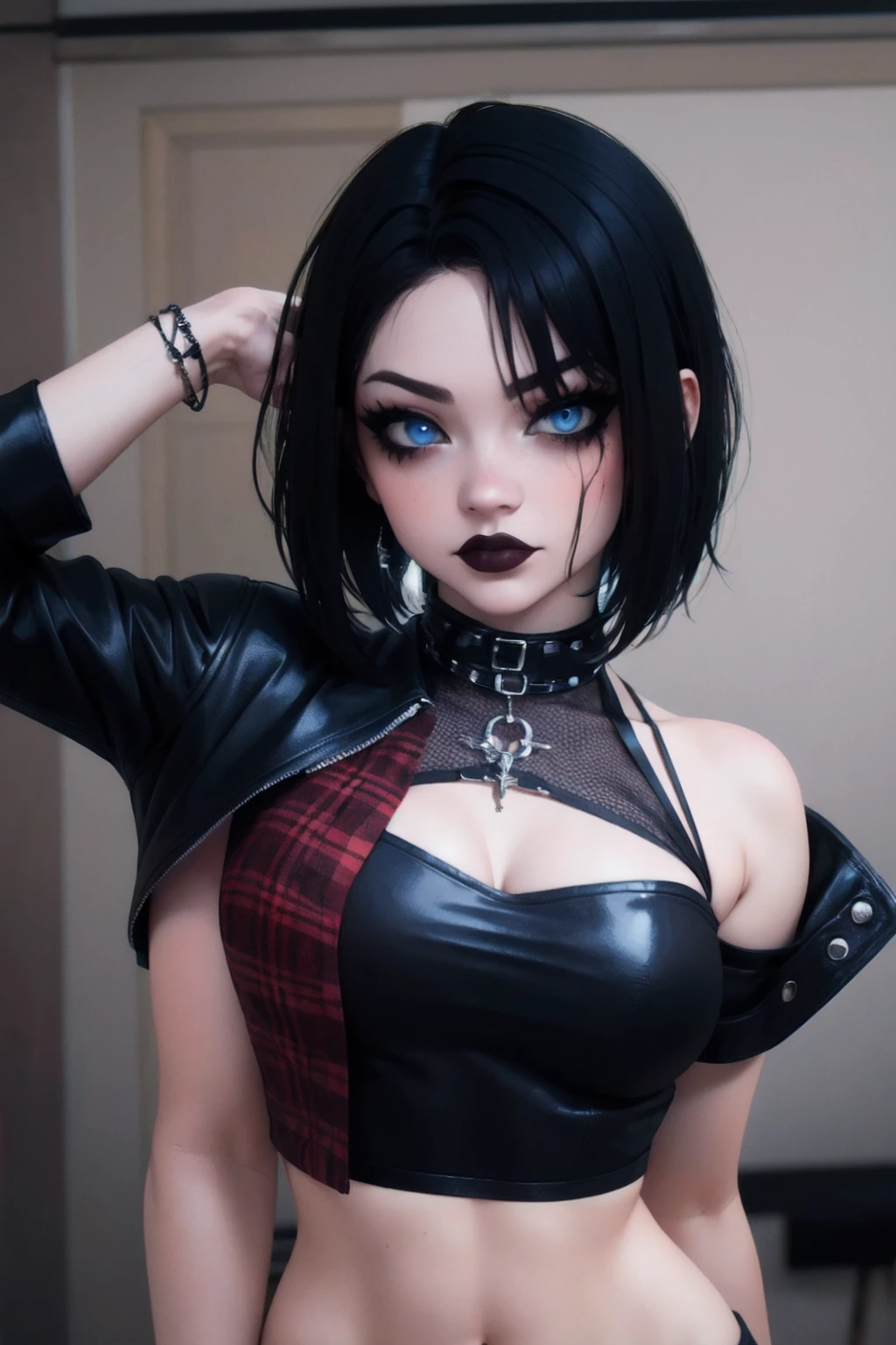 a woman with short black hair, hair on shoulders, wearing a black cropped and plaid skirt, black jacket, blue eyes, gothic art, cute aesthetic with vibe, toon aesthetic, wearing red costume, wearing gothic accessories, look like Cassie Hack, upper body,