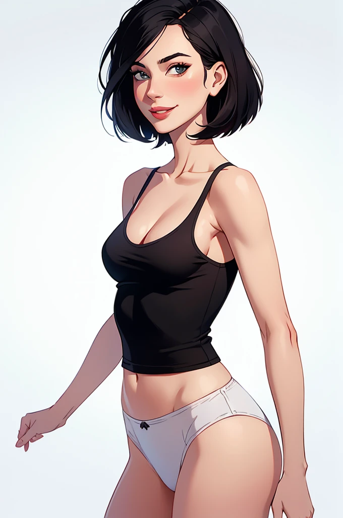 Amazing cowboy shot of a sexy woman wearing her black bob cut hair, seductively gazing and smiling, soft lips, blushing intensely, white tank top, panties , medium chest, perfect body, simple background, Nicole Kidman