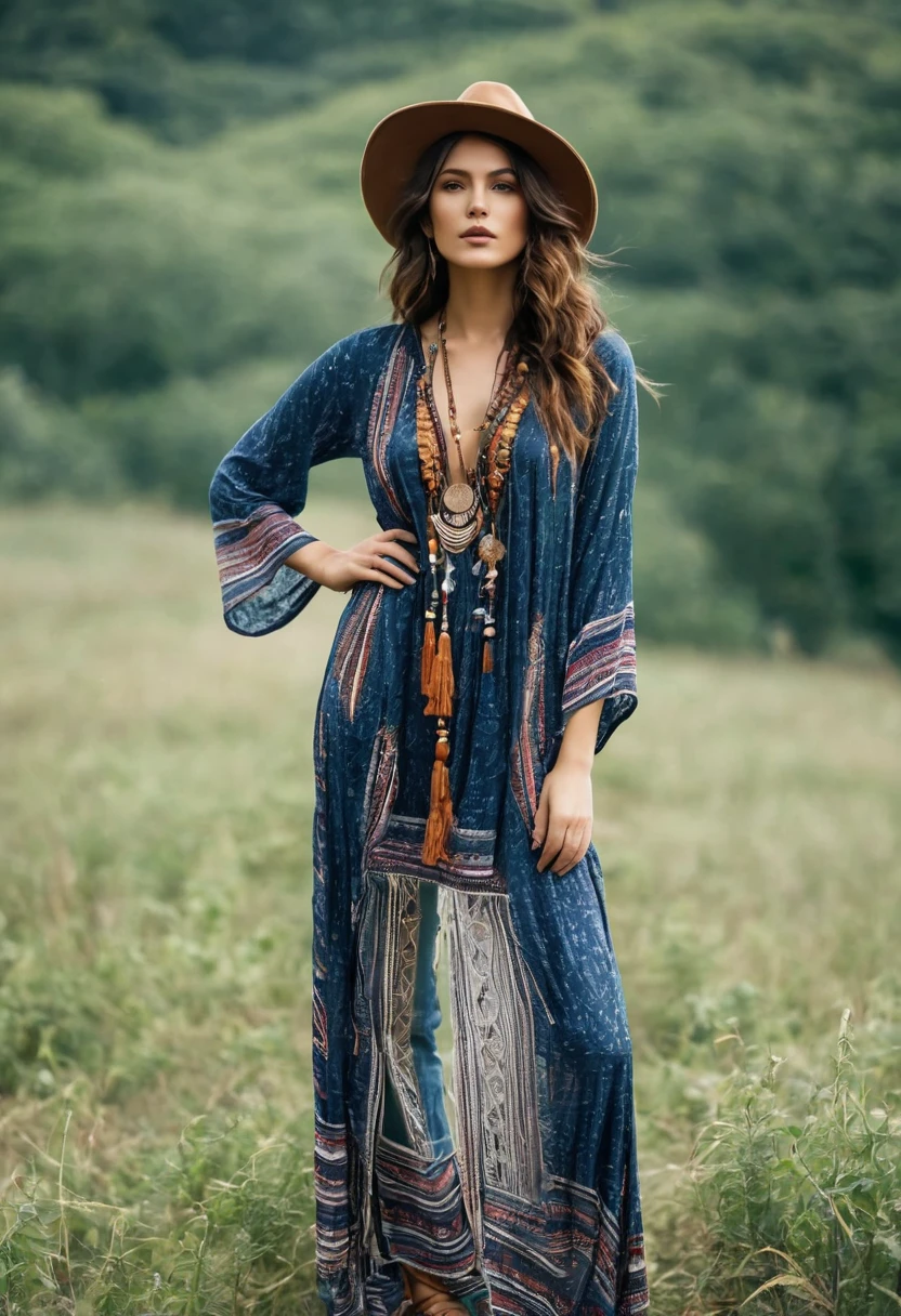 , Beautiful attractive woman , stand up, boho style, full-length
