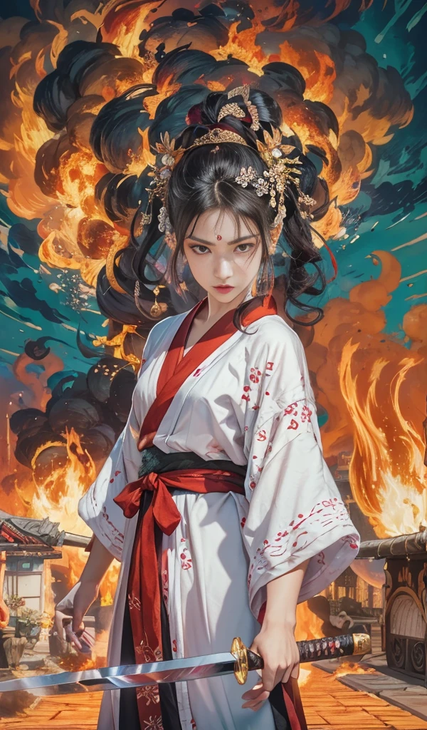 Downtown is on fire、Streets of the Warring States Period、night、Big Fire、30-year-old woman、A shining white silk-like kimono、The kimono has a red floral pattern、Burning house、An angry look in his eyes、Beautiful 30 year old woman、Female Fighter、The Japanese sword he holds in his left hand shines red in the firelight.、Glaring at me、Adult beauty、Eyes are bloodshot