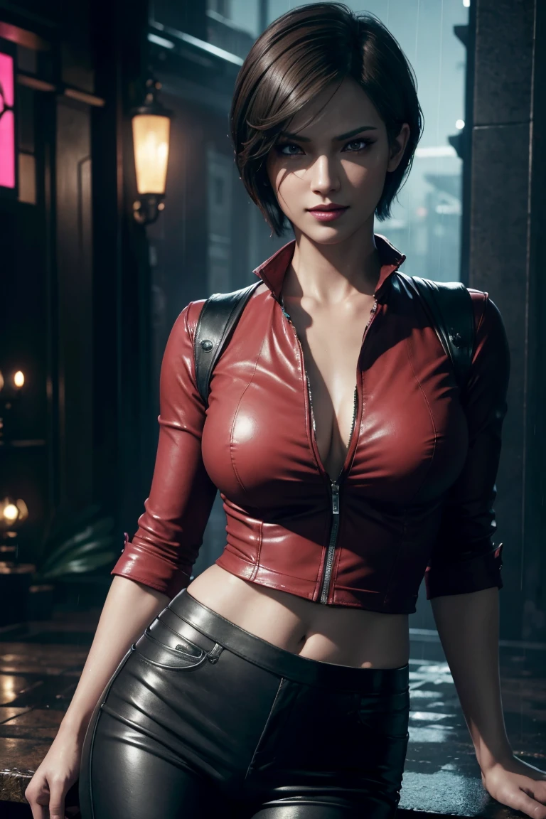 Resident Evil 6,Ada,Short Hair,Red Shirt,Stand up your collar,Black Leather Pants,Photorealistic,Ultra HD,high quality,masterpiece,Digital SLR,Detailed details,Intricate details,Anatomical basis,Depicted in detail,A detailed face,Realistic skin texture,Vivid details,Perfect Anatomy,Perfect Anatomy,Anatomically correct hand,Anatomically correct fingers,Super Detail,Complex 3D rendering,Sexy pose,Beautiful morning glory(flower),Rainy Sky,Beautiful scenery,Fantastic rainy sky,Picturesque,Pink Lips,smile,Fantastic butterflies々,