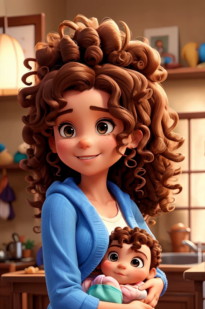 Curly-haired woman holding a baby boy, mulher segurando bebe no colo