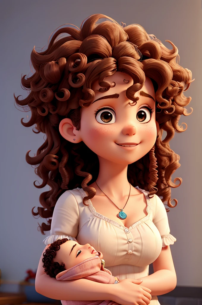 Curly-haired woman holding a baby boy, mulher segurando bebe no colo