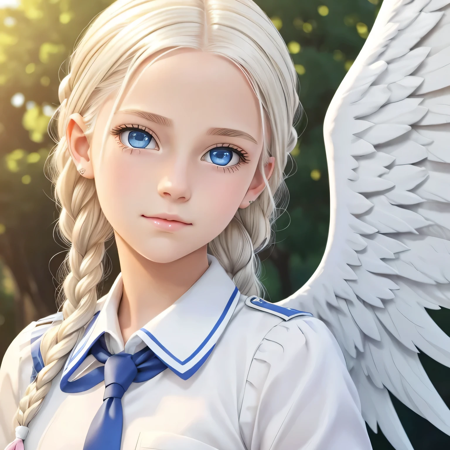 14 year old girl, platinum blonde hair in braids, soft pretty face, blue eyes, long eye lashes, beautiful angelic wings, feminine teenage angel, serene expression, wings open wide, school in the background
