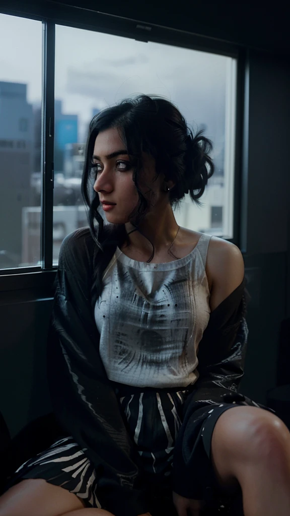An award-winning photo，A beautiful woman，Beautiful eyes and, Messy bun, disheveled black hair, sitting beside the window, Dark lighting, Deep shadows, High contrast, Beautiful eyes, absurderes, 8K, (High quality:1.3), artstation hd, concept-art, Detailed face and body, Award-winning photography,