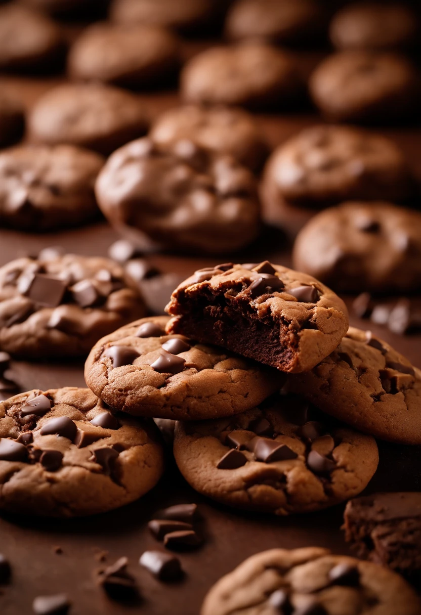 Biscoito cookie(((cookie de chocolate))), sobre a mesa de uma confeitaria, realista, 4k, photo taken by the best photographer in the world, profundidade de campo, ao fundo a cozinha da confeitaria, melhor foto, professional resolution, for product catalog, a melhor confeitaria do mundo, cookie de chocolate, gotas de chocolate. Cookie da Levain Cookies, marca famosa de cookies. 4k