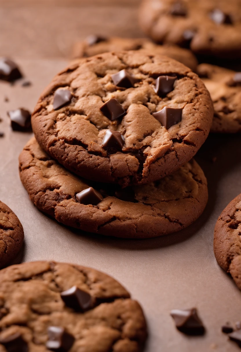 Biscoito cookie(((cookie de chocolate))), sobre a mesa de uma confeitaria, realista, 4k, photo taken by the best photographer in the world, profundidade de campo, ao fundo a cozinha da confeitaria, melhor foto, professional resolution, for product catalog, a melhor confeitaria do mundo, cookie de chocolate, gotas de chocolate. Cookie da Levain Cookies, marca famosa de cookies. 4k