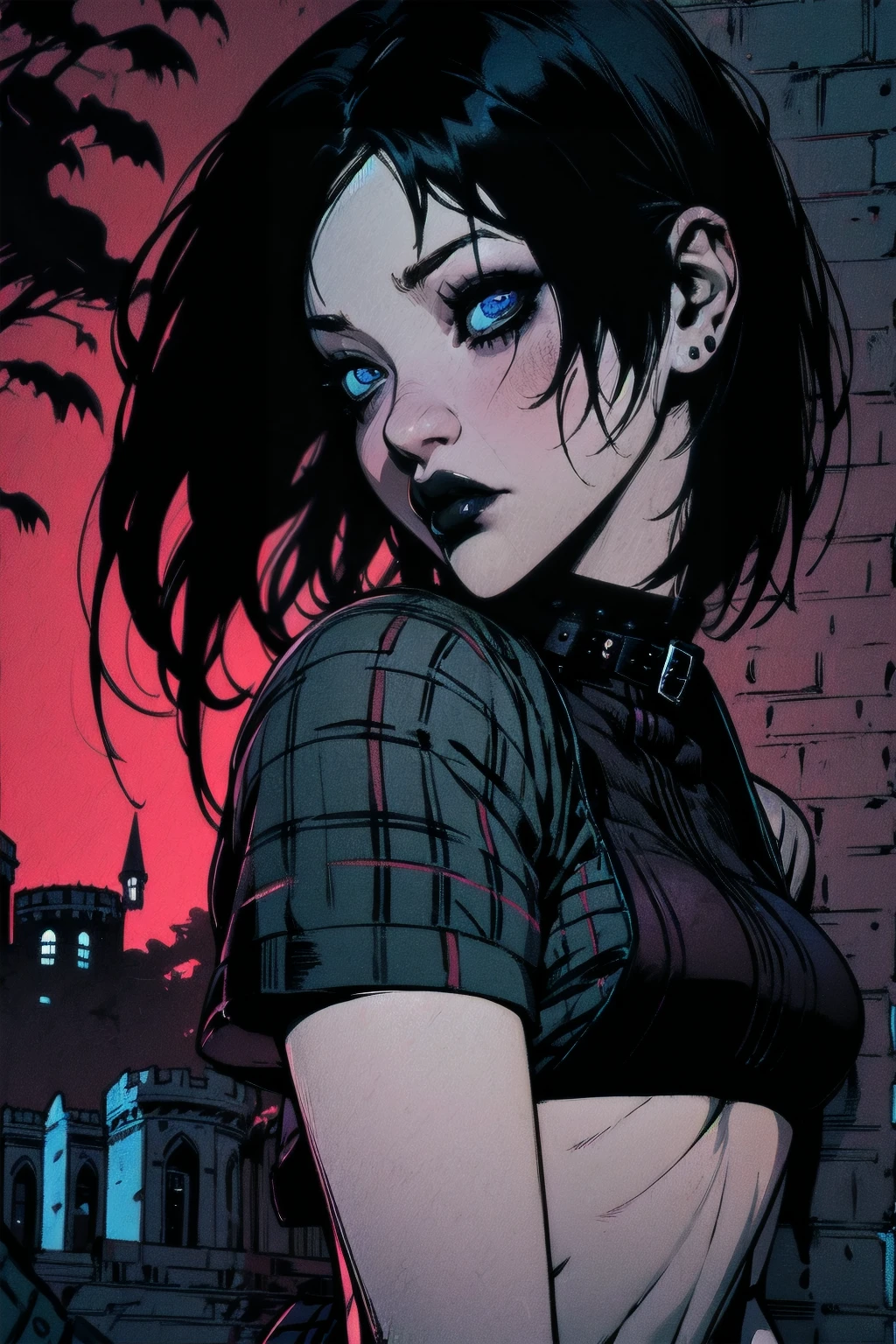 a woman with short black hair, hair on shoulders, wearing a black cropped and plaid skirt, blue eyes, zombie art, gothic art, cute aesthetic with vibe, toon aesthetic, wearing red costume, wearing gothic accessories, look like Cassie Hack, upper body, backwards, looking back, castle background