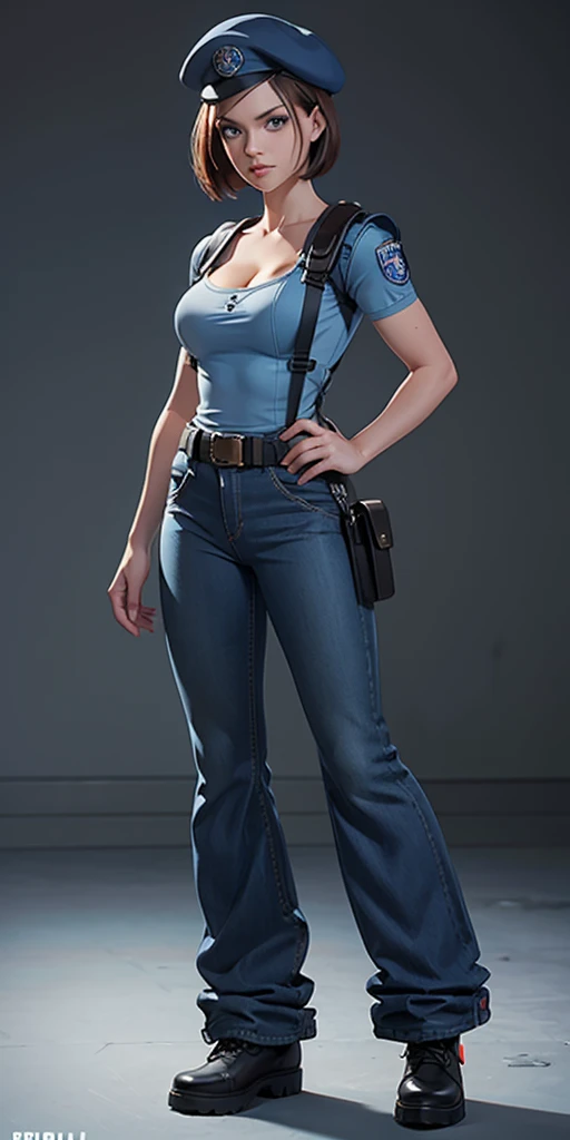 Jill Valentine, masterpiece, best quality, 1girl, solo, standing, jillre1, beret, uniform, shoulder pads, short sleeves, harness, belt, bell-bottom blue pants(Wide flares on pants:1.2), cleavage, black combat boots, full body, perfect blue eyes, perfect red mouth,