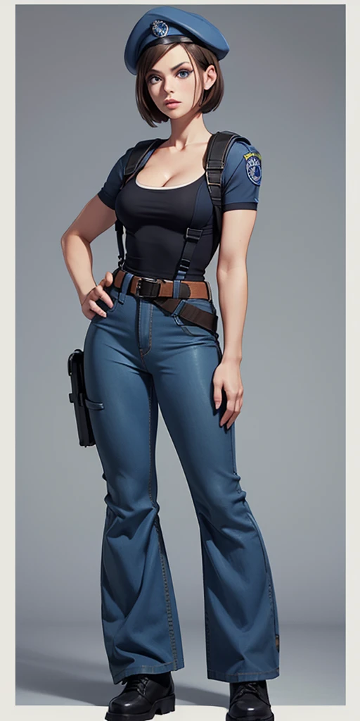 Jill Valentine, masterpiece, best quality, 1girl, solo, standing, jillre1, beret, uniform, shoulder pads, short sleeves, harness, belt, bell-bottom blue pants(Wide flares on pants:1.2), cleavage, black combat boots, full body, perfect blue eyes, perfect red mouth,