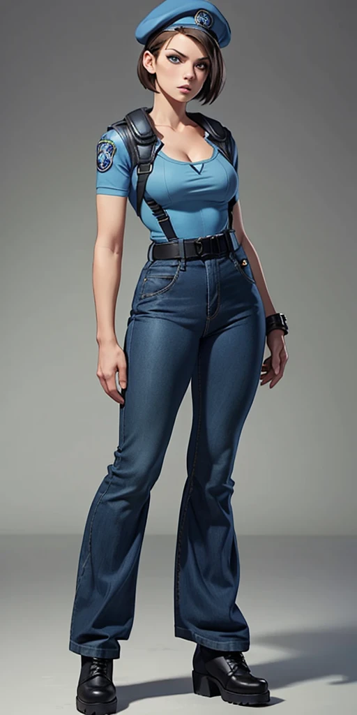 Jill Valentine, masterpiece, best quality, 1girl, solo, standing, jillre1, beret, uniform, shoulder pads, short sleeves, harness, belt, bell-bottom blue pants(Wide flares on pants:1.2), cleavage, black combat boots, full body, perfect blue eyes, perfect red mouth,