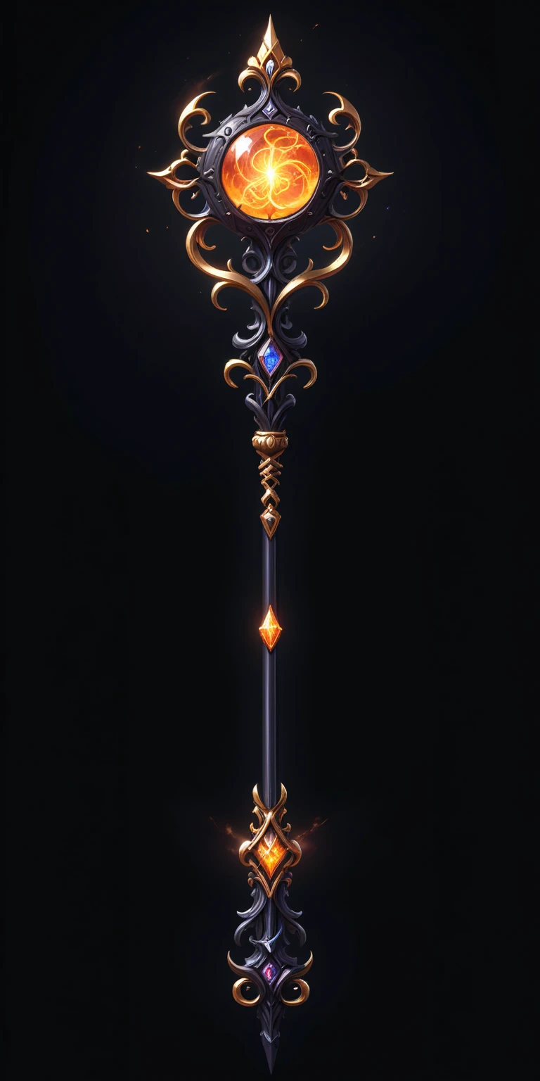 pixel art, cartoon illustration, Divine glavie greatstaff, Powerfull Magical theme, simple black background, RPG game icon