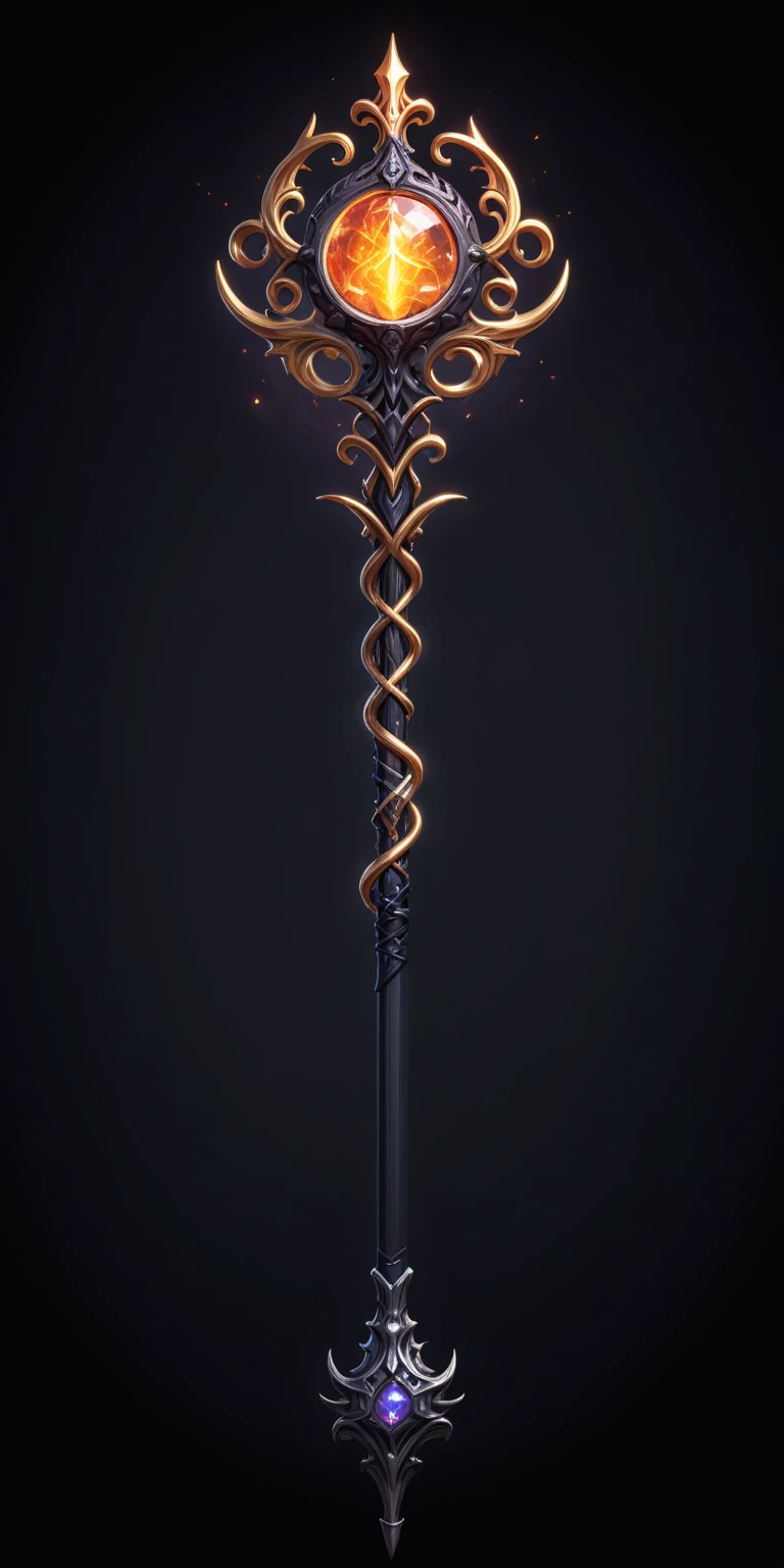 pixel art, cartoon illustration, Divine glavie greatstaff, Powerfull Magical theme, simple black background, RPG game icon