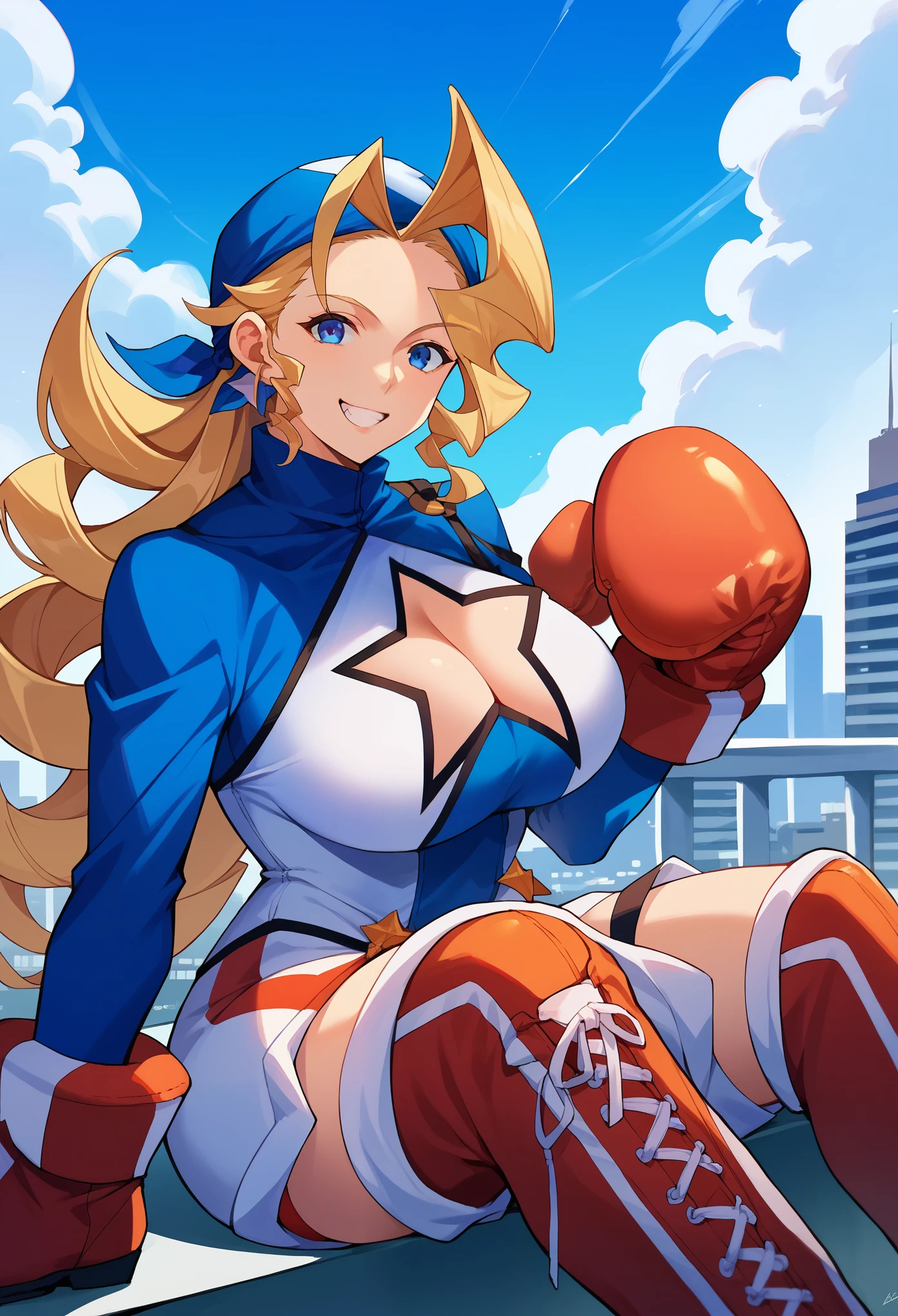 score_9, score_8_up, score_7_up, score_6_up, source_anime, BREAK 1girl, solo,altTiffany, blonde hair, bandana, blue jacket, long sleeves, striped shorts, cleavage cutout, boxing gloves, red boots, thigh boots, huge breasts, from side, looking at you, grin, sitting, city, blue sky, clouds