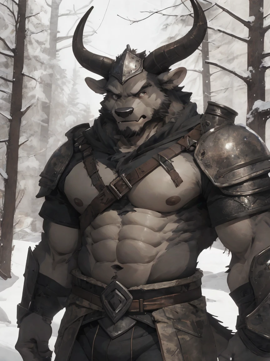 Minotaur, solo, muscular, perfect_eyes, perfect_face, abs, big_chest,wide_body, muscular_arms, winter, snow_forest_background, solo, minotaur, angry, half_body, close_up, manly, man, muscular, brown_horns, big_eyes, bara_body,hyper_muscles, hyper_chest, hyper_muscular_body, huge,forest,snowy_forest, armor_pants, half_body,closeup, medieval_armor ,iron armor,armor,canines, moth_closed, angry,serious, HD, 4k, high_detailed_background, wide, wide_body, strong_body, muscular_body, visible_abs, leather_harnes, metal_armor, abs,big_pecs, visible_pecs, huge_body, warrior, confident, pose
