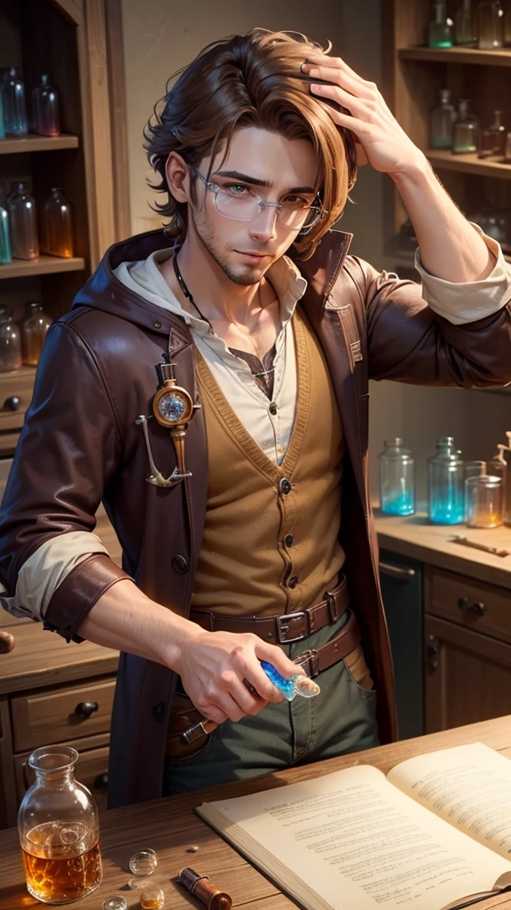 Male male brown hair alchemist botanist chemist stirring potions various test tubes Nature mixing liquids colorful potions focused intelligent researcher observer vials around experienced wise handling formulas concentrate liquid solution fluid chemistry laboratory mature male adult male around 30 years old 