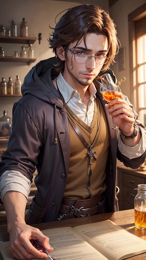 Male male brown hair alchemist botanist chemist stirring potions various test tubes Nature mixing liquids colorful potions focused intelligent researcher observer vials around experienced wise handling formulas concentrate liquid solution fluid chemistry laboratory mature male adult male around 30 years old
