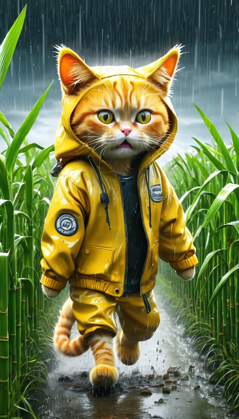 Poor orange cat, old pants, a yellow jacket cutting sugarcane in the fields, heavy rain, wind, strong thunder, 8k, photo, illustration, 3d render, typography, cinematic, poster