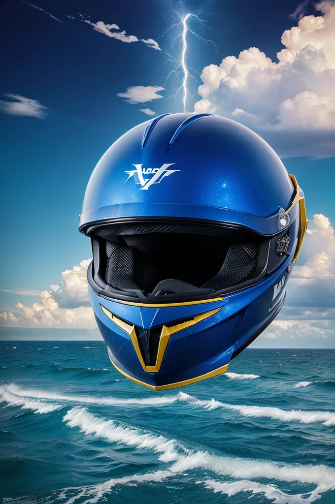 (Make a lands on the sea with Thunder and a huge logo of helmet fly in the sky dangouras Thunder and a logo on tunder striker)